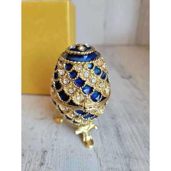 Blue trinket box egg golden enameled hinged Easter home decor unique - Picture 6 of 13